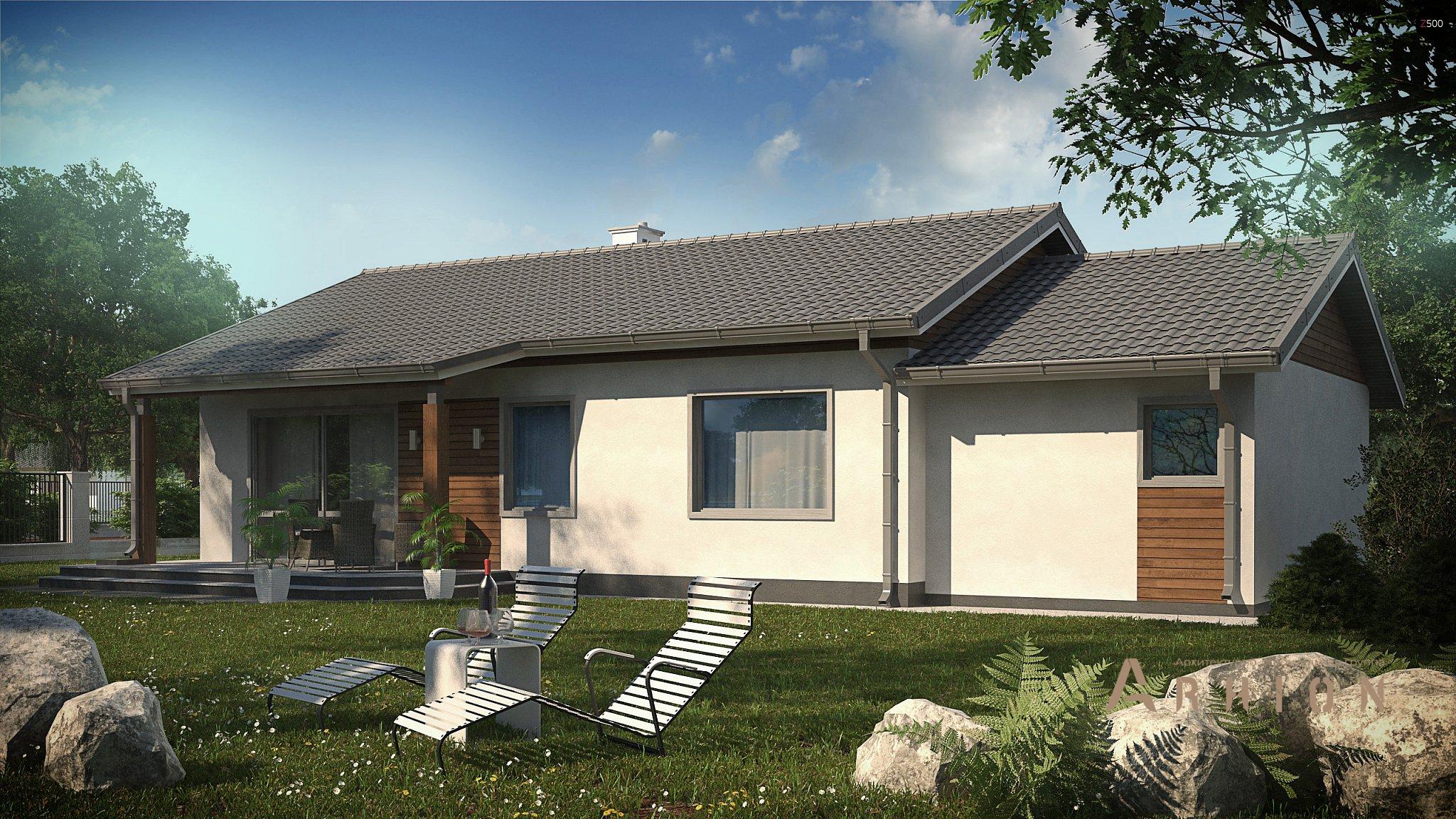 13. Проект одноэтажного дома в европейском стиле с двускатной кровлей, Z7 L GL, площадью - 106 кв c терассой, гаражом